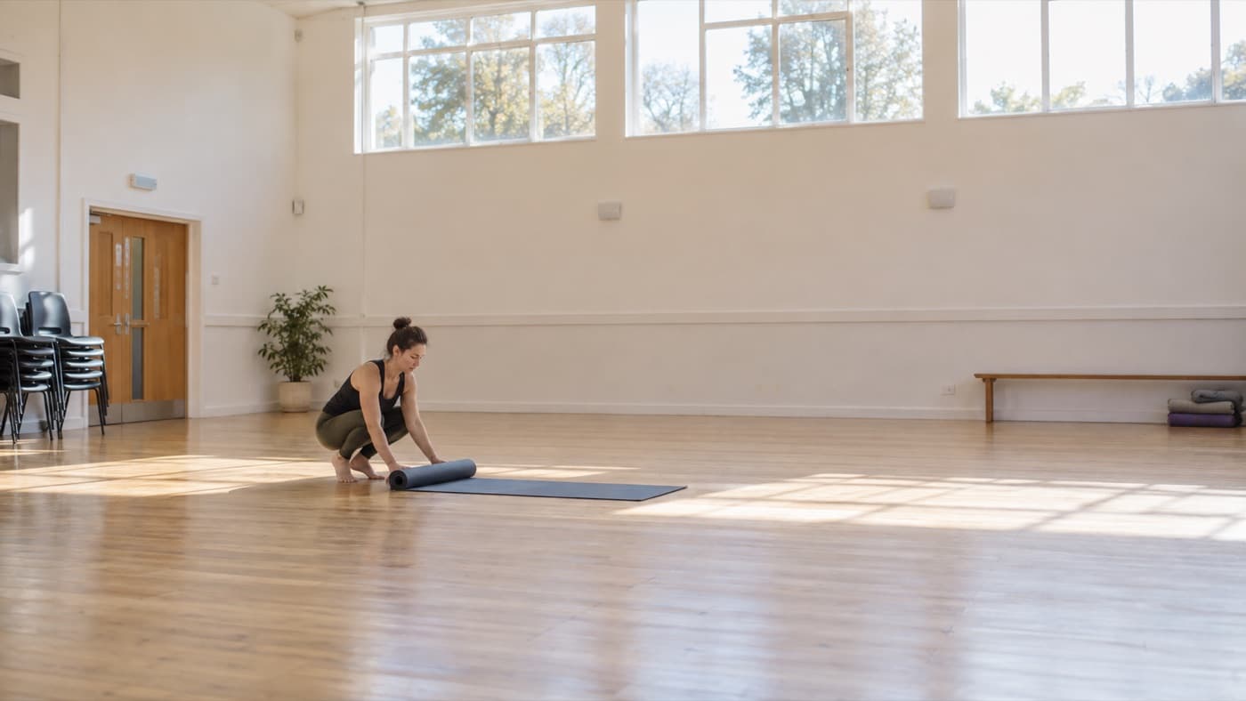 An instructor rolling out a mat in a bright empty community hall